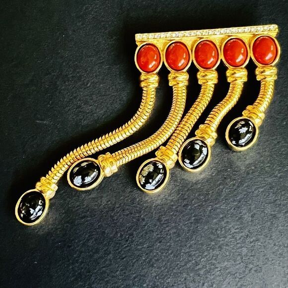 Vintage Huge Dangle Brooch Black Rusty Red Cabochon Stones Gold Tone OOAK 4241 - Picture 4 of 12